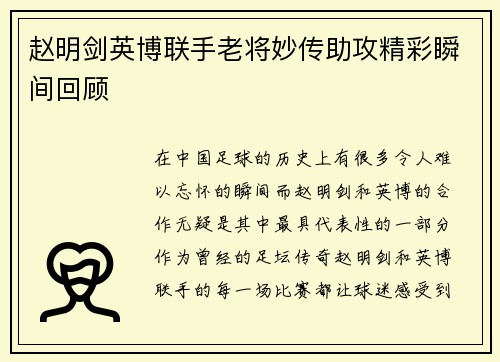 赵明剑英博联手老将妙传助攻精彩瞬间回顾