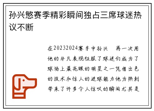 孙兴慜赛季精彩瞬间独占三席球迷热议不断