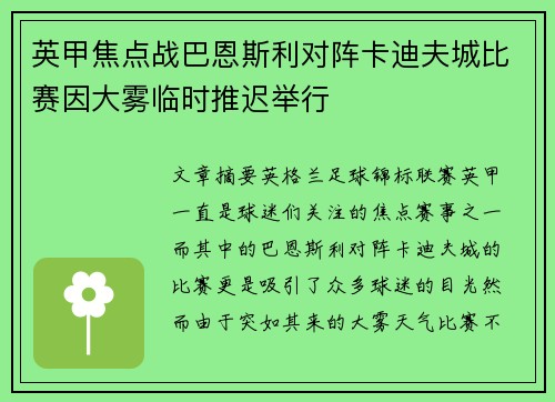 英甲焦点战巴恩斯利对阵卡迪夫城比赛因大雾临时推迟举行